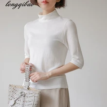 Весна и осень женская обувь плотные корпус с хорошей терморегуляцией, кольца в виде пятиконечной высокого с высоким воротником, воротник-стойка, чистый хлопок, одноцветная футболка TB7361