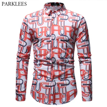 

2019 Brand Shirt Men 3D Irregular Geometric Print Mens Button Down Dress Shirts Casual Spring Plus Size Streetwear Chemise Homme