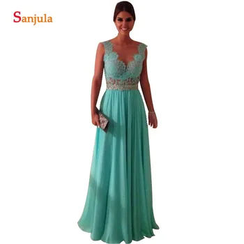 

Lace Illusion Bodice Sexy Mother Of The Bride Dresses Beaded Waistline Turquoise Women Party Dress Long Backless Prom Wear MY01