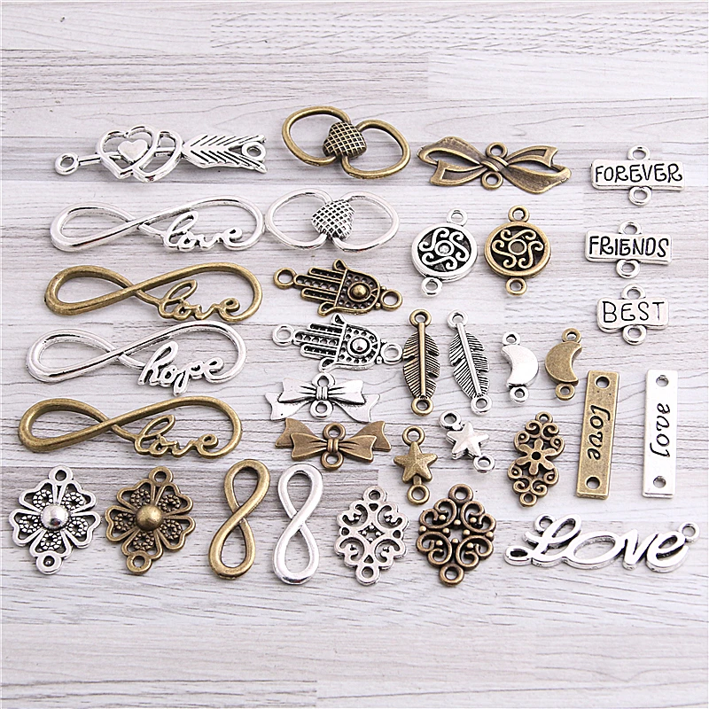 4 Small Raw Brass Floral and Heart Jewelry Connectors Ful 7526 Victorian Inspired Metal Stamping