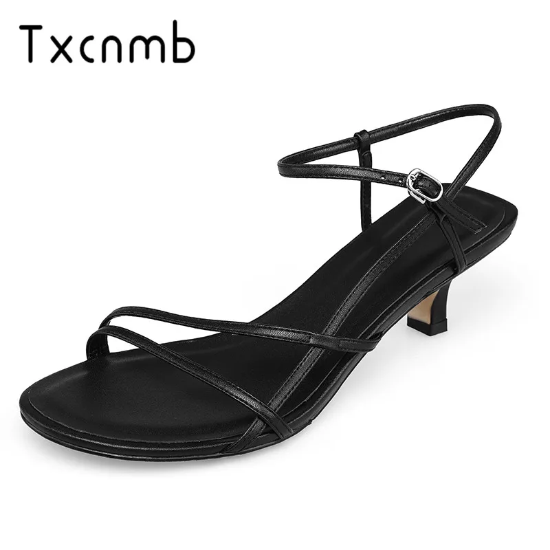 

TXCNMB 2019 Women New Classic Design Genuine Leather Square High Heels Party Dress Shoes Woman Cover Heel Buckle Strap Sandals