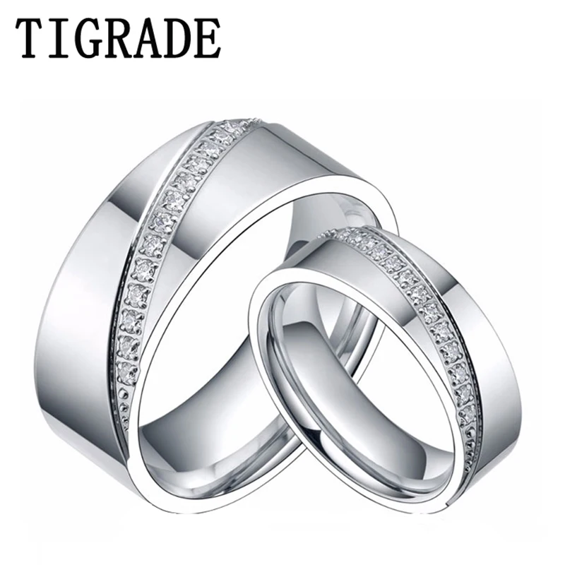 6mm&8mm Titanium Ring Men Women CZ Inlay Promise Jewelry Eternity Couple Rings Matching Set Wedding Band Valentines Day Gift