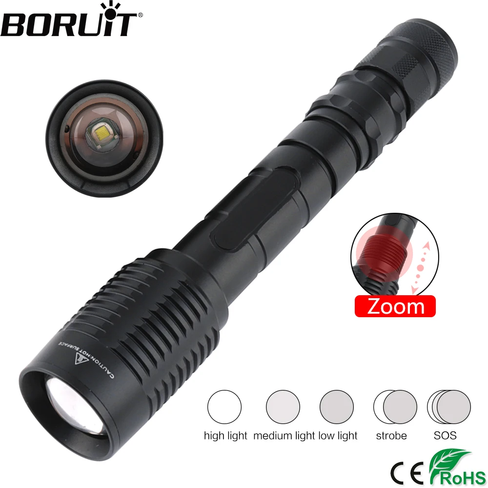 

BORUiT 1000LM T6 LED Zoomable Flashlight 5-Mode IPX4 Waterproof Torch Camping Hunting Portable Lantern by 18650 Battery