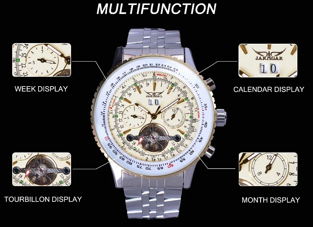 JARAGAR, Мужская коллекция, люксовый бренд, автоматические механические часы, серебристо-белые, нержавеющая сталь, ремешок с ободком, Tourbillon, мужские наручные часы