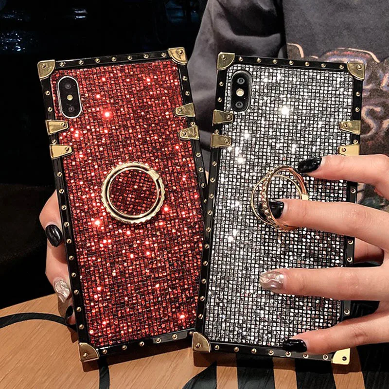 

Luxury Bling Glitter Square Case For iPhone X XS Max XR Sequins Cover Bracket Holder Phone Cases for iphone 7 Plus 8 6 6S Plus