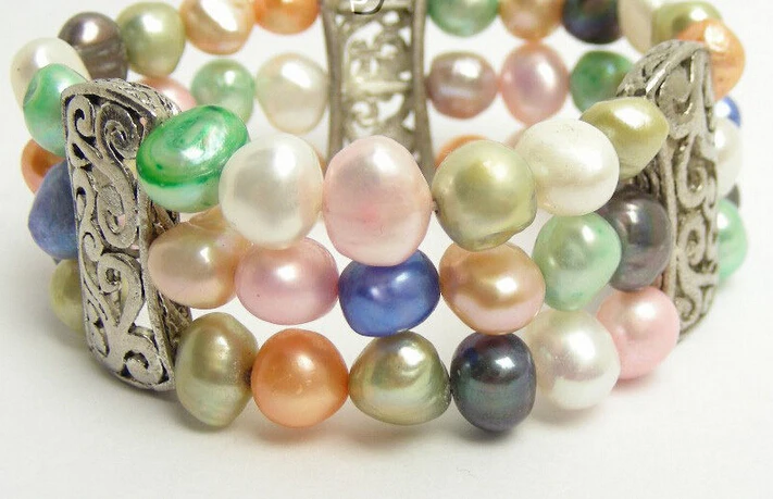 

Free shipping >>>>>>stretchy! 3row baroque multi-color pearls bracelet