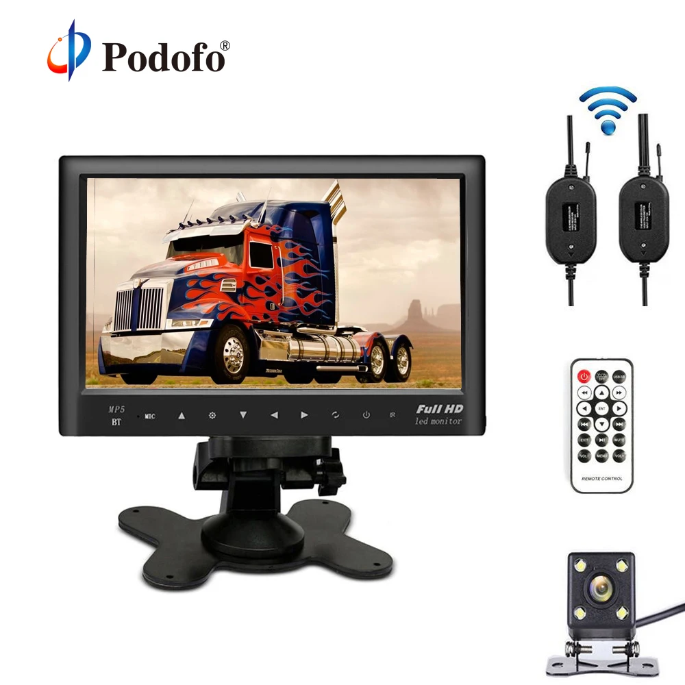

Podofo 7" Slim Car Rear View Monitor Dashboard Screen Bluetooth Wireless USB MP5 Player With Mini 4 IR LED Lights Backup Camera