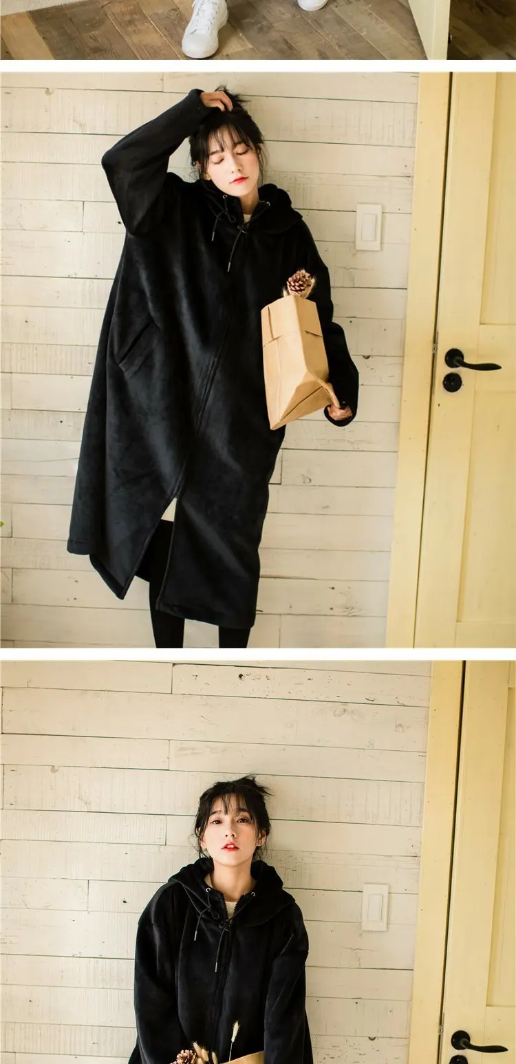 Harajuku jacket women long jackets Loose BF Style Coat Warm Fleece Hooded Outwear casual preppy style Windbreaker Korean clothes