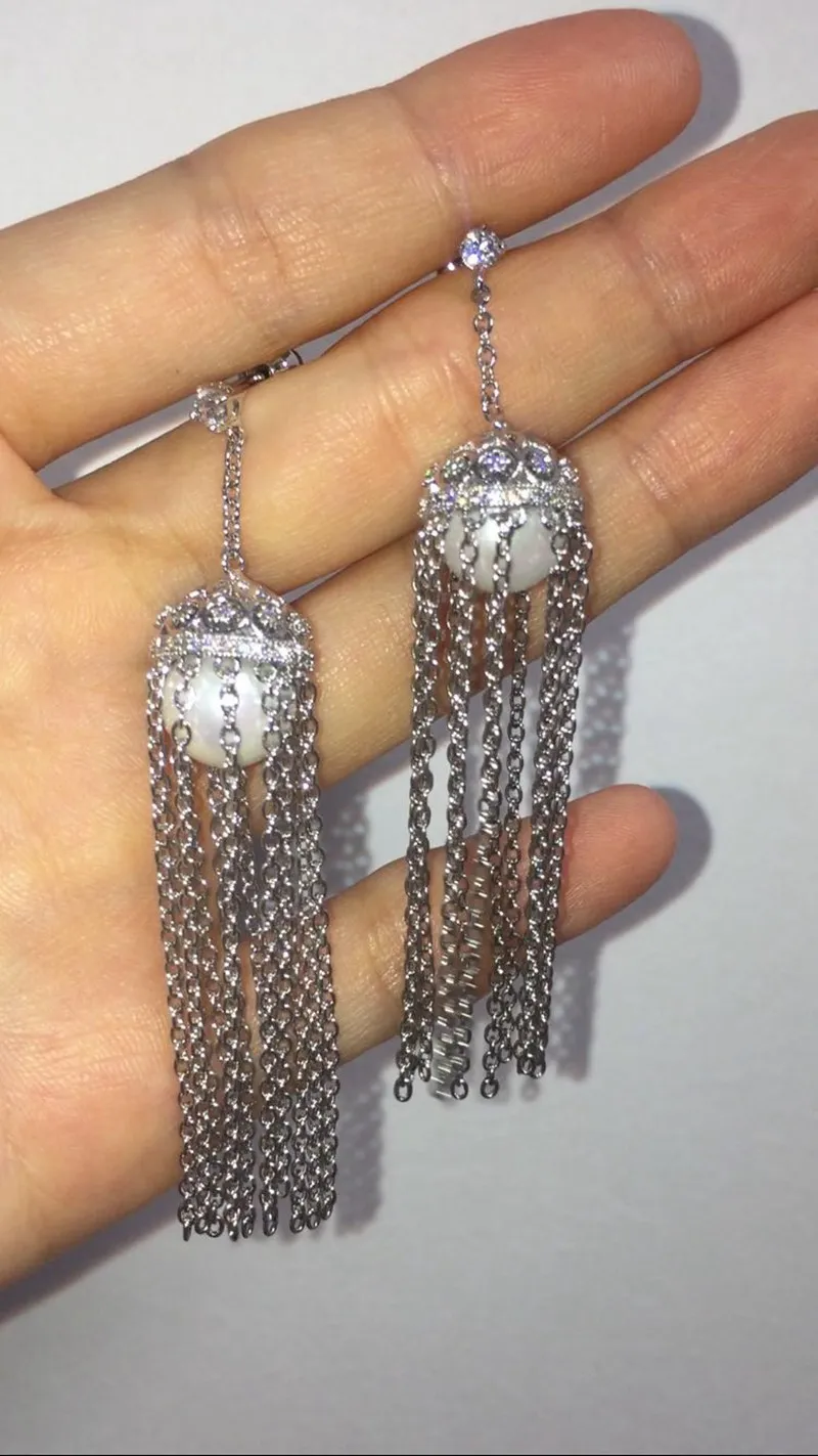 

Fashion CZ Zircon Tassel Dangle Earring Copper Hollow Flower Pearl Chain Tassel Earring Women Wedding Gift Jewelry Elegant