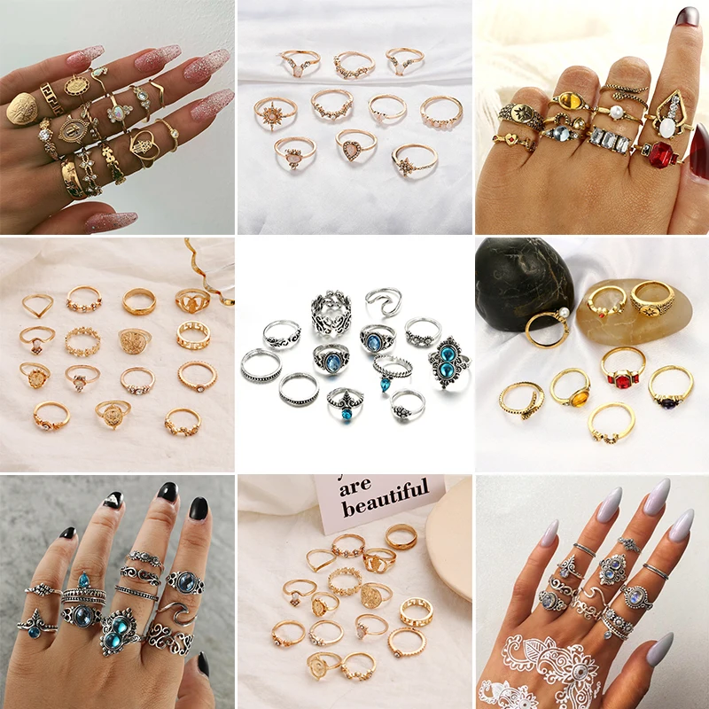 

Hot 10-15pcs/set Bohemian Antique Silver Golden Ring Geometric Sun Flower Rhinestone Knuckle Rings Midi Finger Rings Jewelry