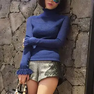 Женские свитера, мода, Осенний пуловер, Зимний вязаный свитер с оборками, шерстяной свитер с подкладкой, корейский модный стиль - Цвет: Синий