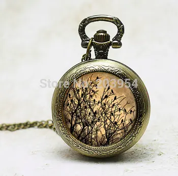 

Birds on trees quartz Pocket Watches 12pcs/lot vintage keep time pendant fashion jewelry necklace pocketwatch crow clock dr who