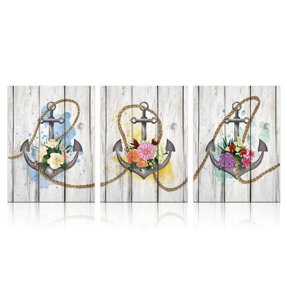 Anchor Wall Art for Bathroom Anchor Rope Flower Painting Canvas Wall