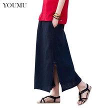 Женская хлопковая льняная юбка Винтаж Сплит этнический однотонный длинный богемный Повседневный Свободный Лето 223-122
