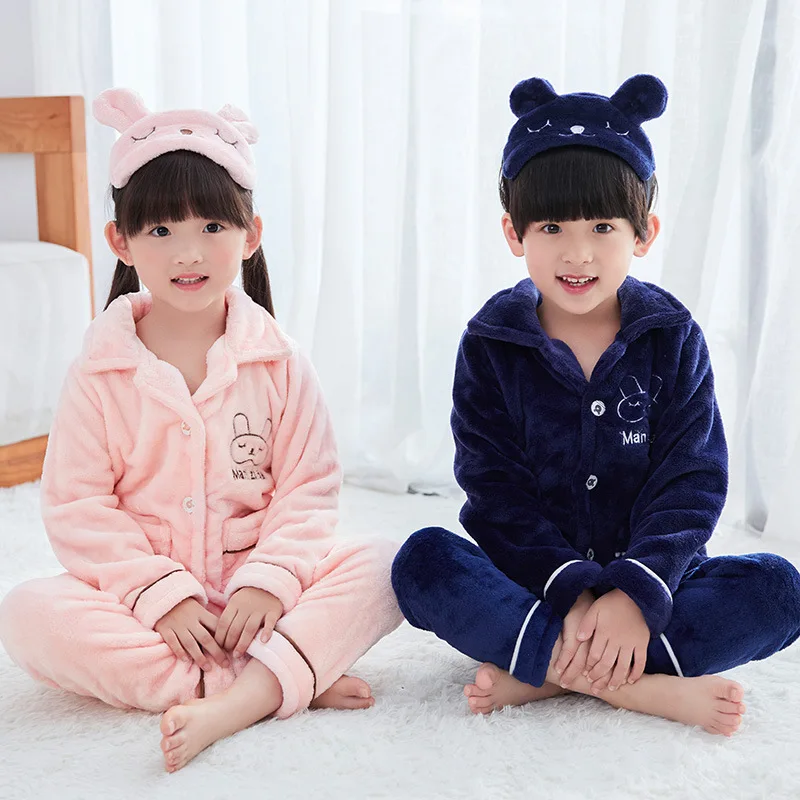 

Autumn and winter cardigan rabbit children flannel pajamas boys and girls coral fleece thickening home service suit