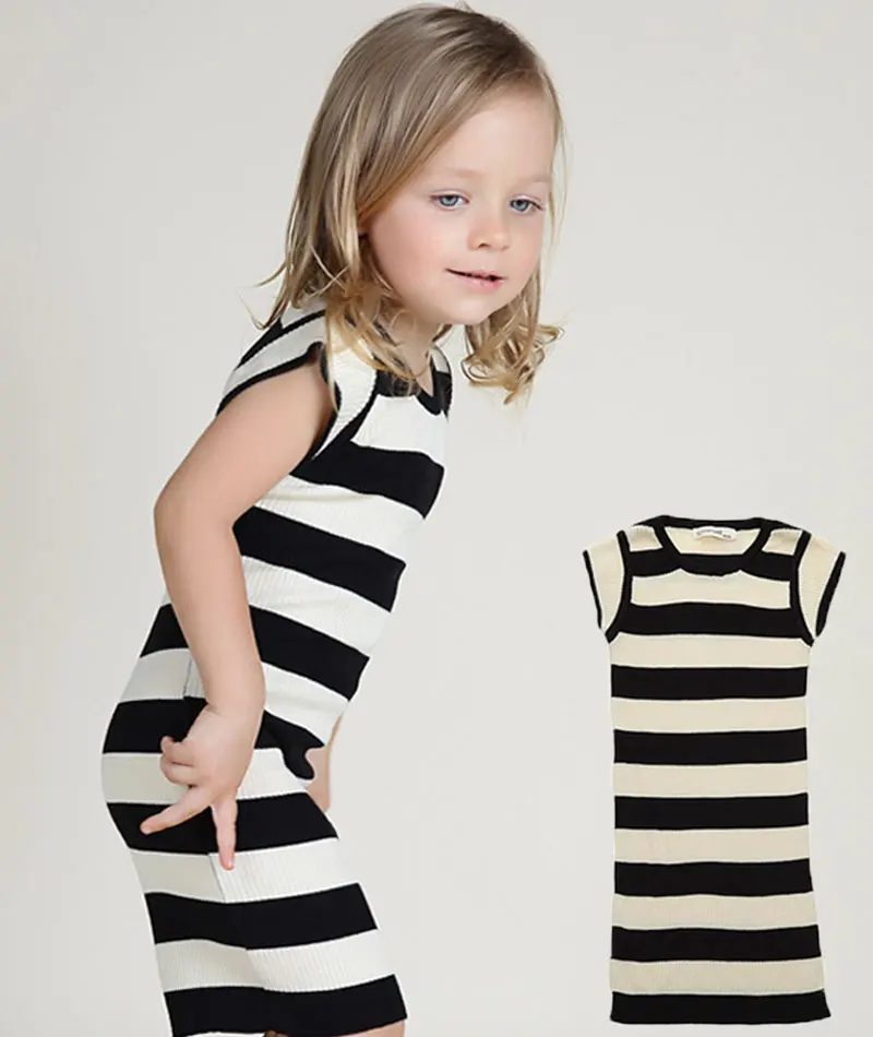 Summer Baby Girl Dress European Style Black White Striped Knit Dresses