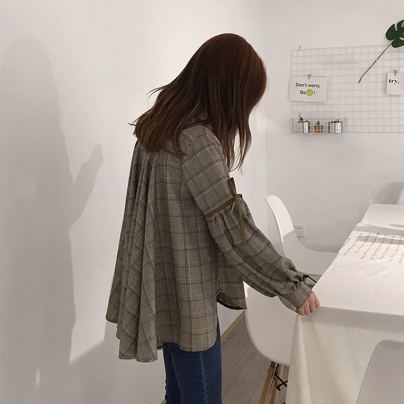 Wind restoring ancient ways chic harajuku grid easing in bf long posed schoolgirl shirt sleeves shirts port |