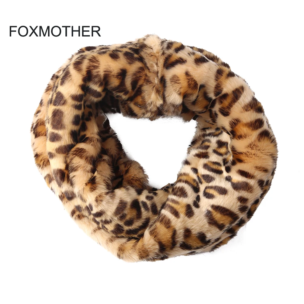 

FOXMOTHER 2019 New Brand Outdoor Winter Fashion Brown Faux Fur Leopard Scarf Snood Neck Warmer Scarves Ladies