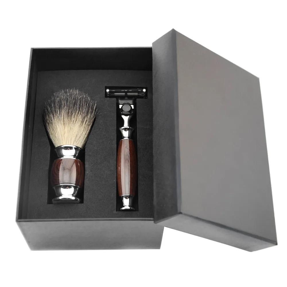 

ZY 2pcs/set Men Shaving Set 3 Layer Blade Shaving Razor Manual Shaver+Pure Badger Shaving Brush Best Gidt With Box