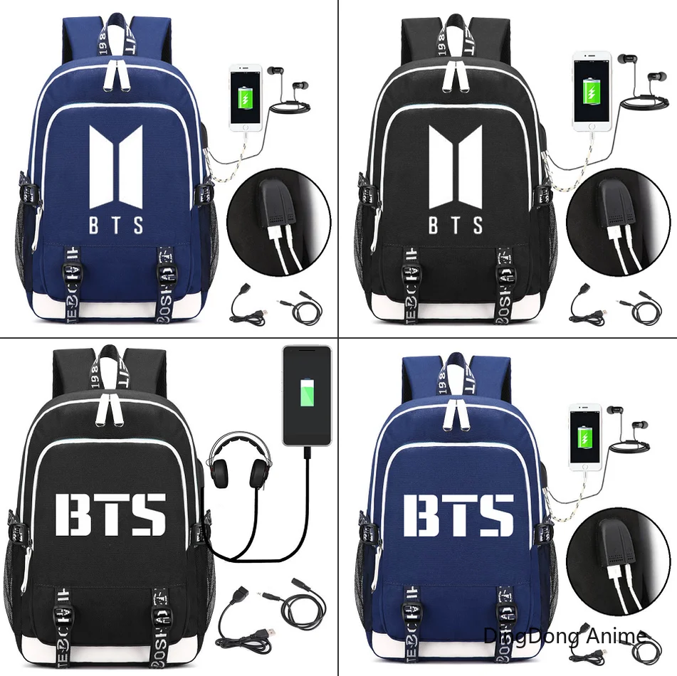 

BTS Bangtan Boys Canvas Backpack Luminous Student bookbag Zip Rucksack Teenager USB recharge School bag Travel bag laptop bag