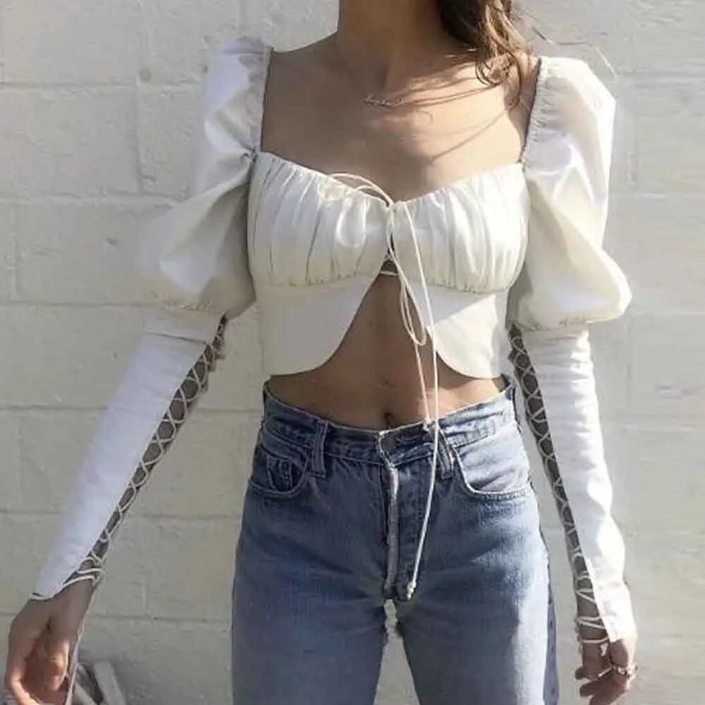 

FIRSTTO Sexy Hollow Out Lacing up Bandaged Long Sleeve Square Neck Shirt Slim Short Blouse Crop Cotton Exposed Navel Top 3 Color