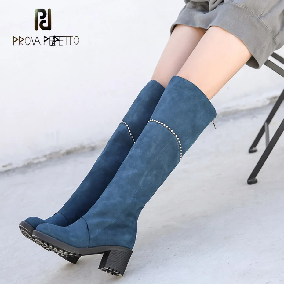 Prova Perfetto women rivet bead motorcycle boots women thigh high boots round toe chunky high heel blue suede over the knee boot Prova Perfetto women rivet bead motorcycle boots women thigh high boots round toe chunky high heel blue suede over the knee boot