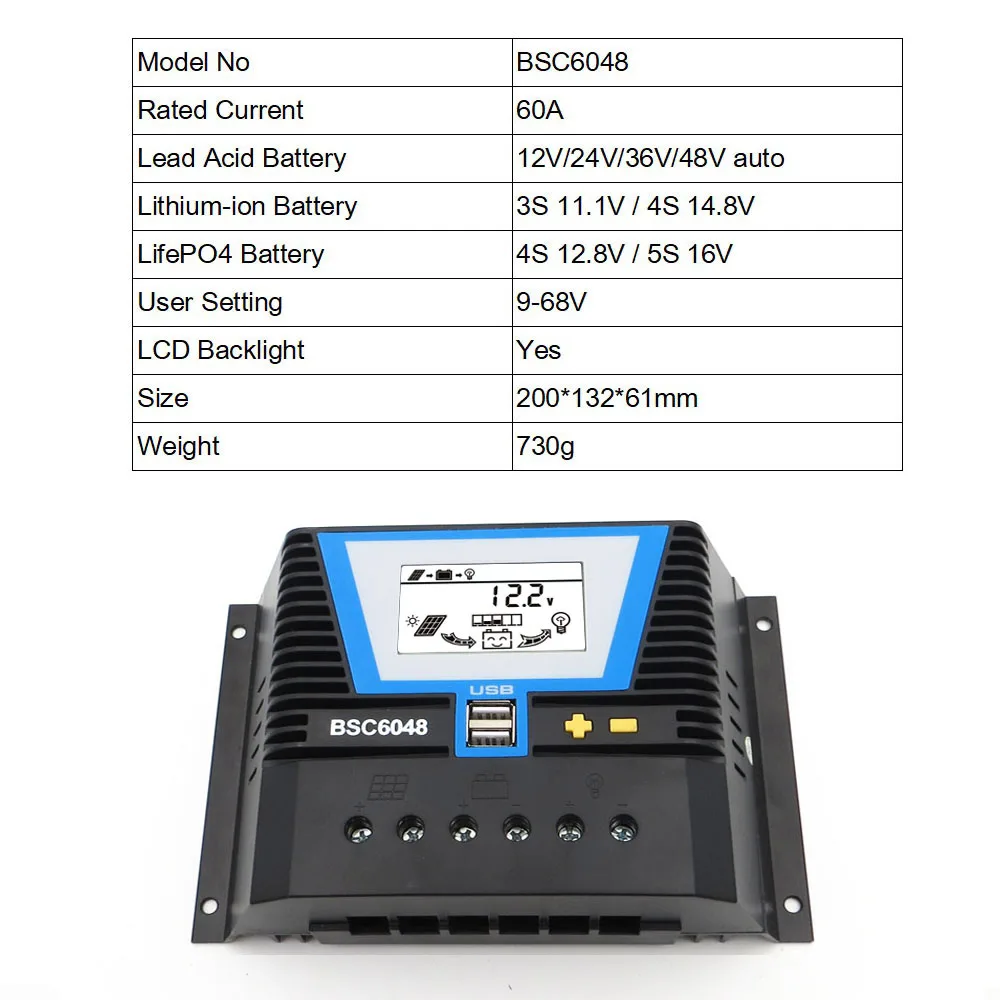 RP10 10A 30A 60A 80A 12 В 24 в автоматический Солнечный контроллер заряда PWM солнечное зарядное устройство солнечные регуляторы PV с ЖК-дисплеем и 5 В - Цвет: 60A