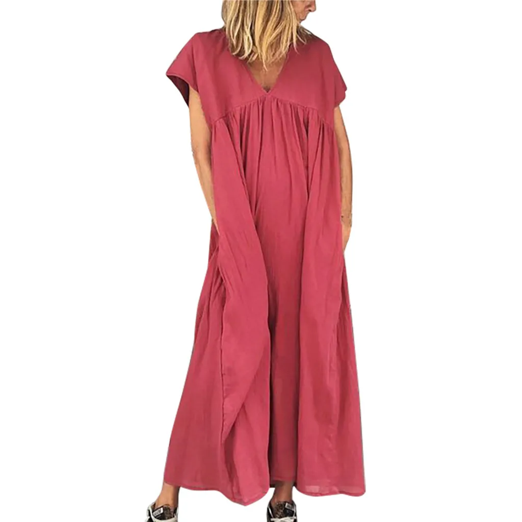 

JAYCOSIN Casual Dress Summer Women's Short Sleeve V-neck Solid Color Loose Large Size Dress Holidays Vacation Casual Vestidos