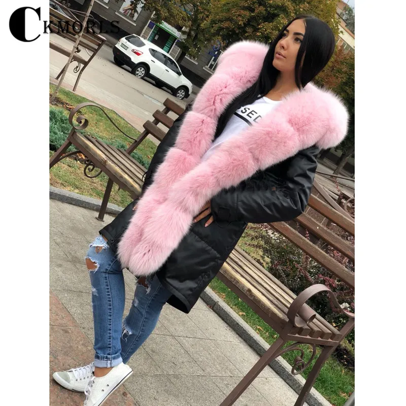 

CKMORLS New Real Fur Parka For Women Winter Jacket With Pink Fox Fur Collar Thick Warm Coat Black Outwear Rabbit Fur Liner Coats