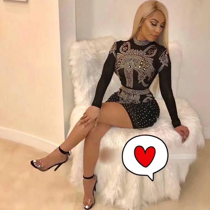 

wholesale 2019 New dresses Black long sleeve Rhinestone Tight elegant temperament Celebrity Party bandage Dress(L2785)