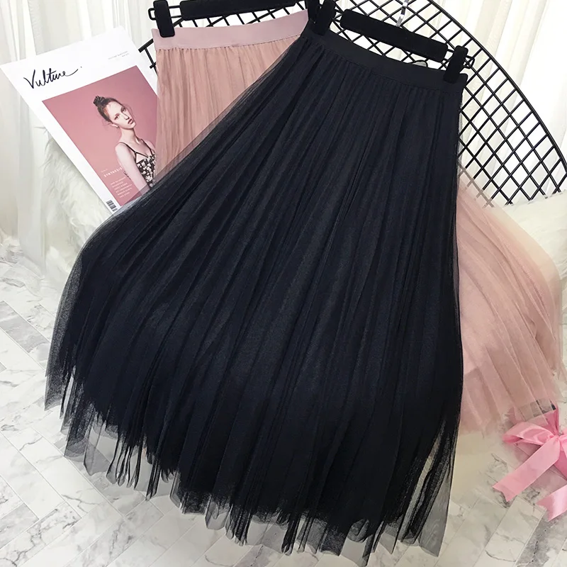 2019 Spring Summer Vintage Skirts Womens Elastic High Waist Tulle Mesh Skirt Long Pleated Tutu Skirt Female Jupe Longue