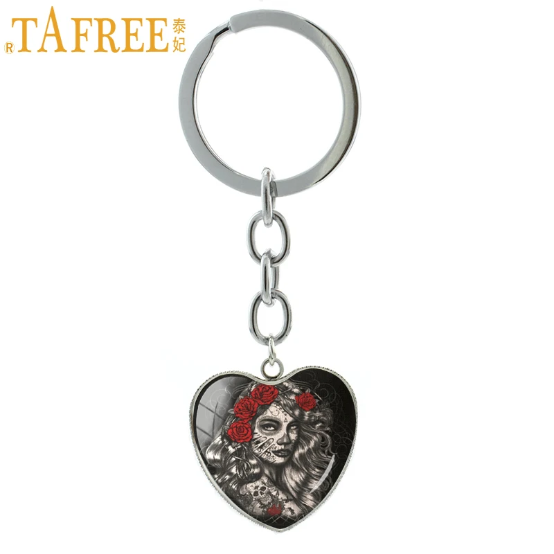 

TAFREE new bohemia style skull heart pendant keychain metal key holder painting art keyring halloween gift jewelry F100