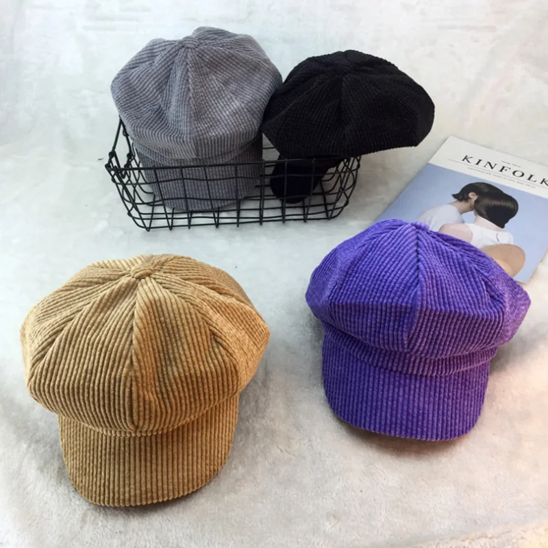 Corduroy octagonal hat female autumn and winter wild art retro British
