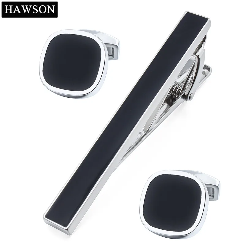 Fantastic Round Black Enamel Man Shirt Cuff Links and Tie Bar Clips Set