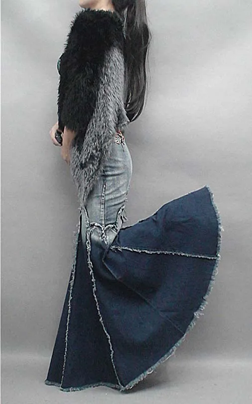 Горячая Распродажа элегантные женские винтажные Плиссированные Длинные джинсы юбка русалки качество Макси тонкий бахрома джинсовые юбки-трубы для женщин
