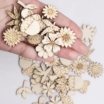 

50PCS Natural Mix Plant/Flower/Grass Pattern Wooden Scrapbooking Sewing Craft DIY Nut Leaves Pattern Wooden Embellishment