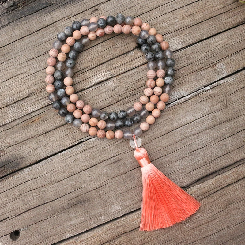 8mm Natural Stone Beads,Gray Onyx,Labradorite,Line Stone,JapaMala Sets,Spiritual Jewelry,Meditation,Inspirational,108 Mala Beads