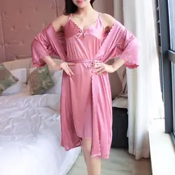 Пикантные Для Женщин пижамы Ночная домашняя шелковые платья с глубоким v-образным вырезом для сна розового цвета платье 2 шт. #264487