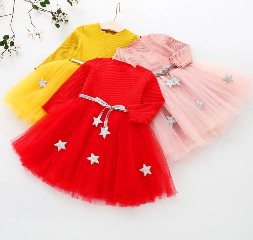 Christmas New Year dresses for baby girls clothing Knitted tutu dress Pentacle belt long sleeve party Vestidos clothes children