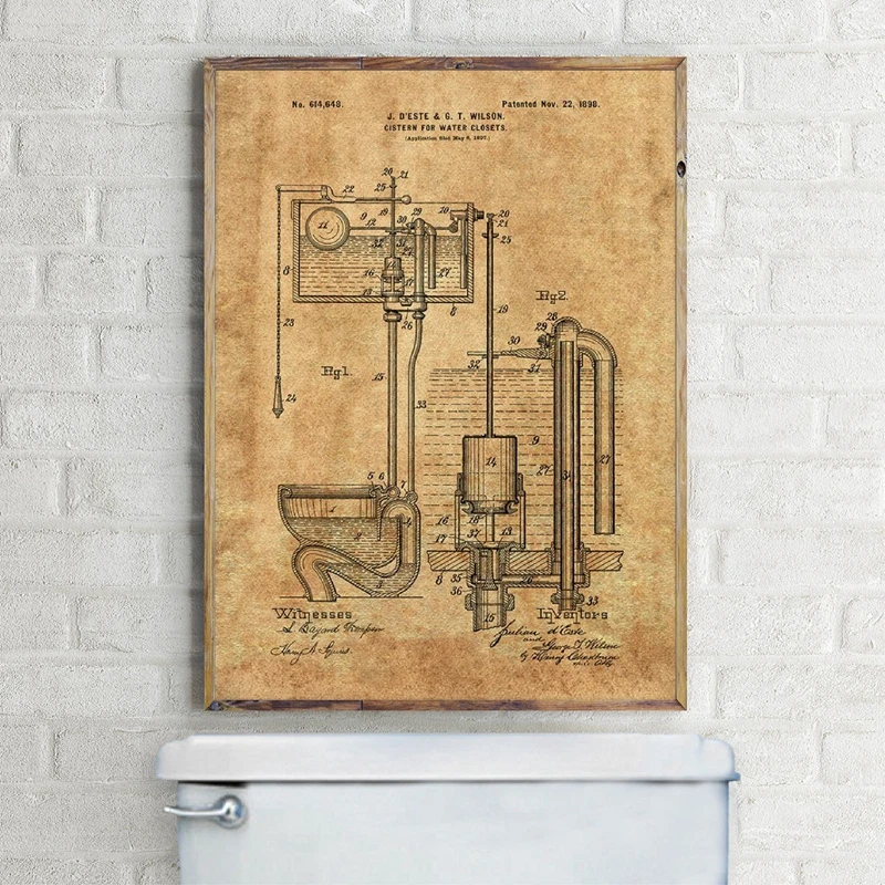 Бачок для туалета, запатентованный винтажный рисунок, плакат и принт, для ванной комнаты, для туалета, настенное искусство, холст, живопись, Декор, знак туалета, плакаты для туалета