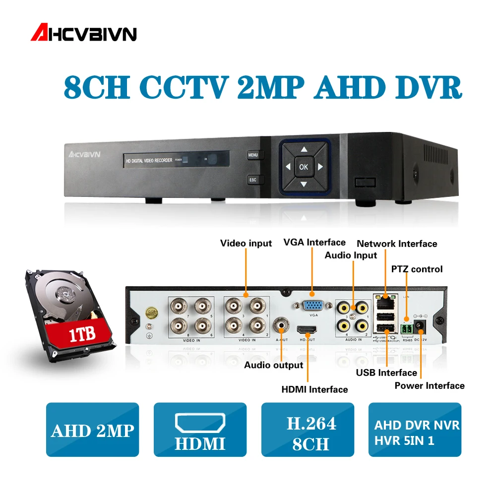 Главная видеонаблюдения DVR 8CH ONVIF ip-видеокамера H.264 P2P AHD DVR для 1080 P AHD камеры ip сети Hybrid HDMI 1080 P видеонаблюдения рекордер