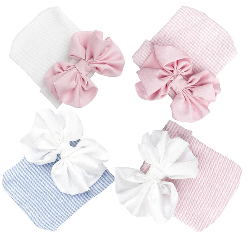 Шифоновая Шапочка с бантом для новорожденных, однотонная, розовая, синяя, мягкая, больничная шапочка для девочек, реквизит для фотосессии новорожденных, Детские аксессуары для 0-3 месяцев