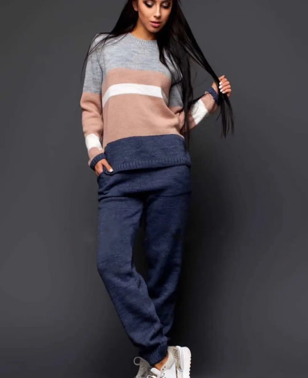 

Ensemble Femme 2 pieces Pantalon Striped Long-sleeved Jumper + Trousers Female Knitting Sets