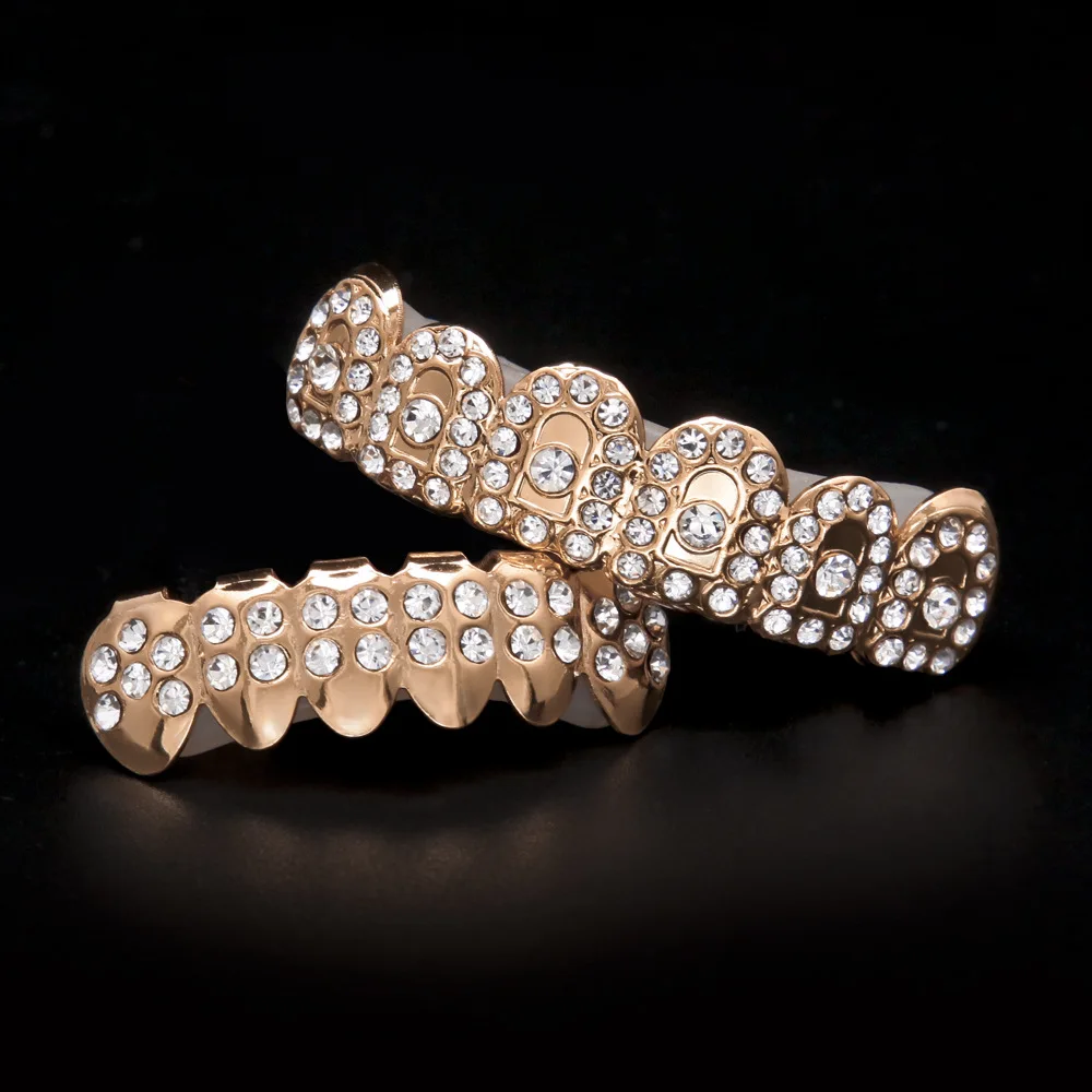 amazing ice out bling bling men vampire teeth deco set golden tooth grillz cap pcs top pcs bottom hiphop mouth jewelry tsin body jewelry from jewelry