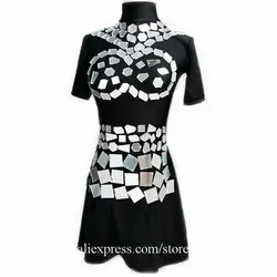 Серебряное зеркало цельный Вечерние вечернее платье одежда ночной клуб бар Дискотека DJ этап Sexy Lady полюс костюм для танцев бальный костюм