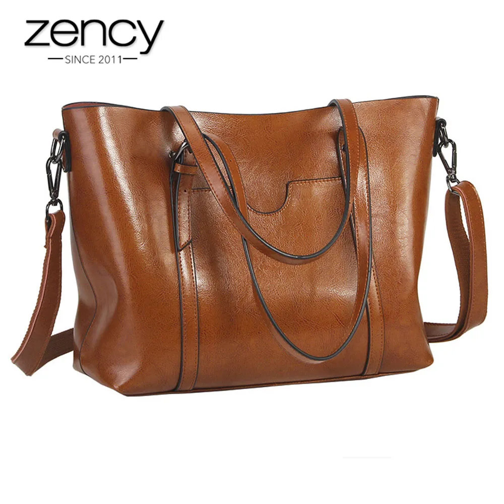 Zency Elegant Women Shoulder Bag Genuine Leather Handbag Fashion Brown Female Crossbody Messenger Purse Large Tote Bags