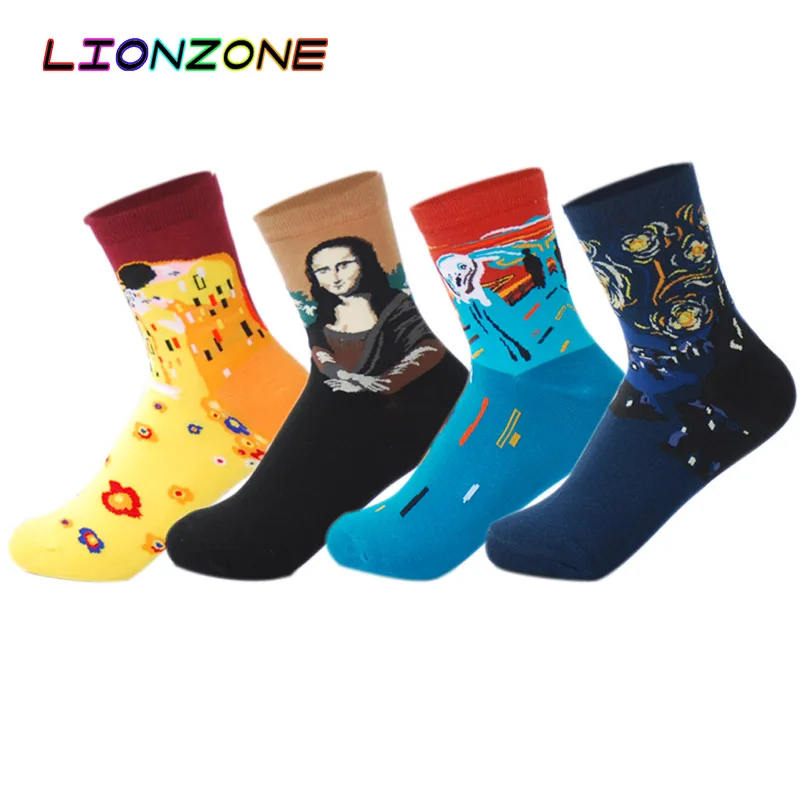 LIONZONE 4 пар/лот Ван Гог счастливые носки Для женщин хлопковые короткие забавный