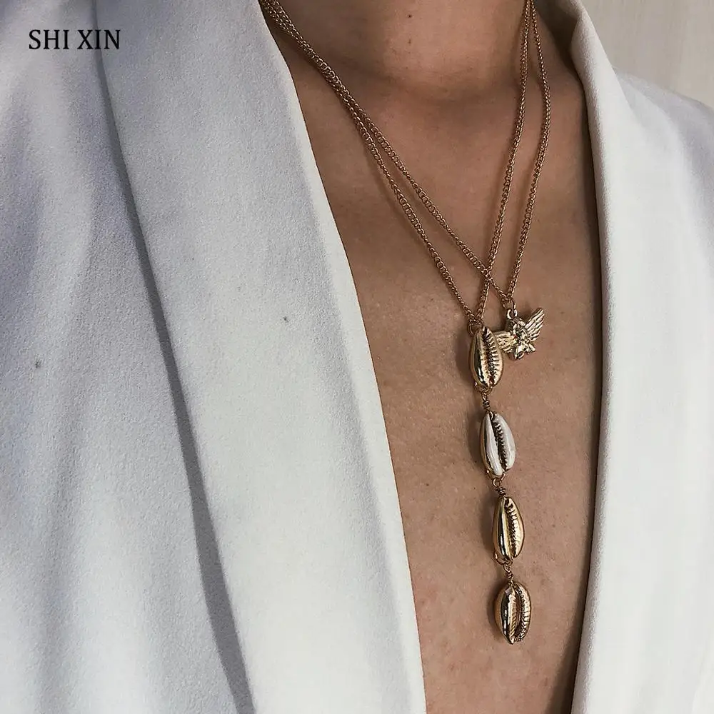 

SHIXIN Fashion Long Layered Necklace for Women Angel/Seashell Pendant Necklace Simple Sea Shell Necklace Female Neckless Jewelry
