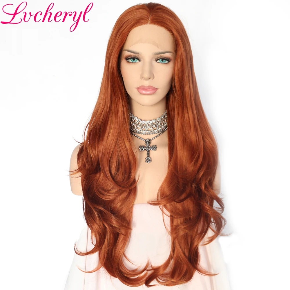 

Lvcheryl Orange Copper Red Color Natural Fully Hair Long Wavy Heat Resistant Fiber Glueless Synthetic Lace Front wigs for Women