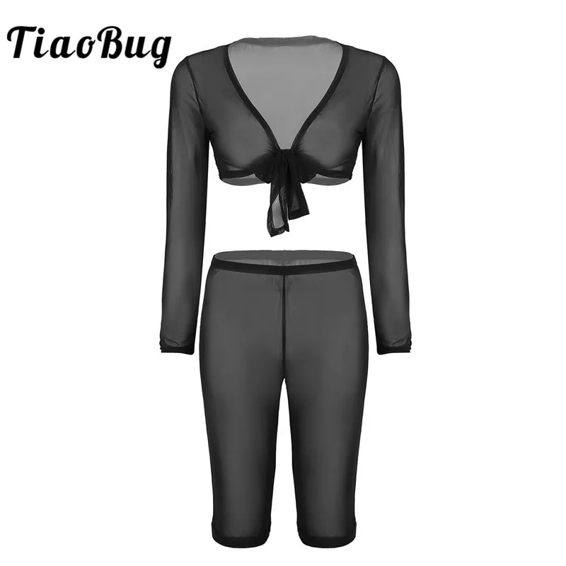 

TiaoBug Women Mesh See Through Sheer Deep V Neck Long Sleeves Front Tie Crop Top with Pants Beach Bikini Swimsuit Cover Up Sets